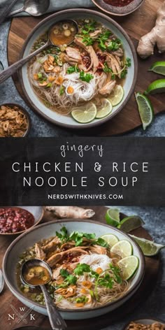 chicken and rice noodle soup in a bowl with chopsticks on the side