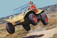 a man riding on the back of a yellow monster truck in the middle of nowhere