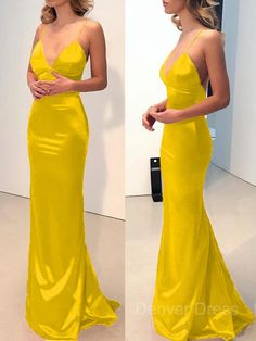 Sheath V-neck Sweep Train Elastic Woven Satin Prom Dresses Yellow V-neck Maxi Dress For Wedding, Elegant Yellow V-neck Maxi Dress, Yellow V-neck Maxi Dress For Formal Occasions, Gold V-neck Evening Dress For Prom, Yellow V-neck Party Gown, Elegant Gold V-neck Maxi Dress, Elegant Yellow V-neck Gown, Gold V-neck Formal Dress, Gold V-neck Gown For Prom