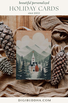 Digibuddha winter valley folk art 2D country rustic mountains landscape scene with a lovely little Christian church, gorgeous folded custom bifold Christmas holiday cards personalized with your customized family name and photo picture and message, perfect for 2023 Christmas cards or 2024 Christmas cards or even 2025 Christmas cards and 2026 Christmas cards.