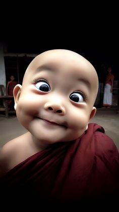 a little monk with big eyes smiling for the camera