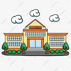 a school building with trees and clouds in the background, cartoon, illustration png and psd