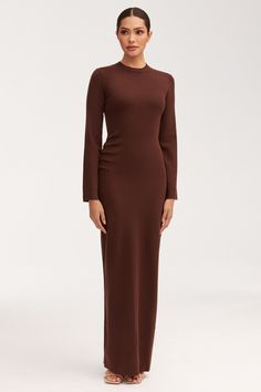 Abigail Rouched Knit Maxi Dress - Dark Brown Dresses Veiled Luxury Brown Maxi Dress, Luxury Spring Ribbed Maxi Dress, Luxury Ribbed Spring Maxi Dress, Luxury Ribbed Fitted Maxi Dress, Luxury Fitted Ribbed Maxi Dress, Luxury Brown Long Sleeve Midi Dress, Luxury Black Ribbed Maxi Dress, Brown Maxi Sweater Dress, Long Brown Knit Dress