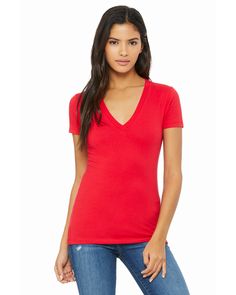 Ladies' Jersey Short-Sleeve Deep V-Neck T-Shirt - RED - 2XL | Bella + Canvas Women's Jersey Short-Sleeve Deep V-Neck T-Shirt in Red Size 2XL | Cotton Cap Sleeve Tee, Cruise Shirt, Red Cap, Womens Jersey, Poplin Shirt, Neon Colors, Hoodie Top, Personalized Shirts, Fitted Hats