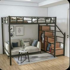 a loft bed with a couch underneath it