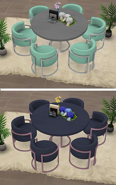 two views of a table and chairs in the same room, one is blue and the other is pink