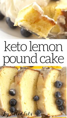 a lemon pound cake with frosting and blueberries