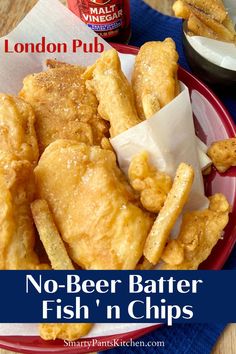 Fish and chips on red plate with paper liner. Fish And Chips Recipe No Beer, Battered Cod, Fish N Chips Recipe, Best Fish And Chips, Beer Battered Fish, Battered Fish, Fish Sandwich, Cod Fish, Beer Batter