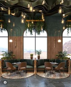 an artisticly designed restaurant with large windows and plants on the tables in front of them