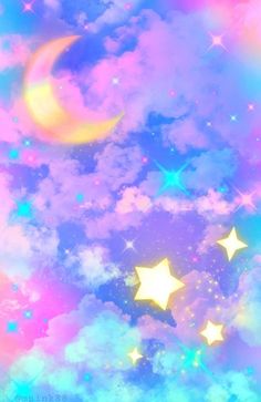 the sky is filled with stars and moon in pastel colors, as well as clouds