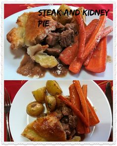 there are two different pictures of food on the same plate, one is beef and the other has carrots