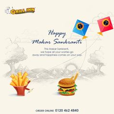 an advertisement with a hamburger, fries and kite in the sky for happy makar sanki