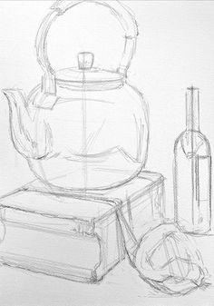 a drawing of a teapot and wine bottle next to each other on a table