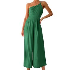 Green One-shoulder Pocketed Wide Leg Jumpsuit One Shoulder Jumpsuit For Summer, One Shoulder Solid Jumpsuits And Rompers For Spring, Chic One-shoulder Jumpsuits And Rompers For Vacation, Chic Green Strapless Jumpsuit For Summer, One Shoulder Jumpsuits For Spring Vacation, One-shoulder Spring Vacation Jumpsuits And Rompers, One Shoulder Jumpsuits And Rompers For Spring Vacation, Chic Green One-shoulder Jumpsuits And Rompers, Green Fitted Strapless Jumpsuit For Summer