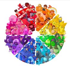 an image of cartoon characters arranged in a circle with different colors and sizes on them