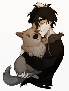 an anime character holding a dog and hugging it's face with his arm around him