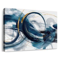 an abstract painting with blue and gold paint on it's canvas, in the shape of a circle