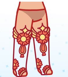 the legs and ankles of a woman wearing red stockings with flowers on them, in front of snowflakes