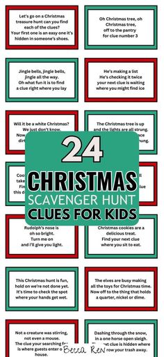 christmas scavenger hunt for kids with the title 24 christmas scavenger hunt clues for