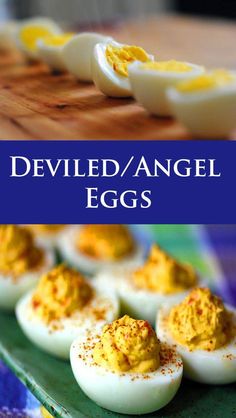 deviled / angel eggs on a green plate with yellow sprinkles