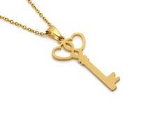 "A necklace in Stainless Steel with a golden key pendant that is 38 mm (a bit under one and a half inches) long. It is matte on the back and has the word \"Love\" on it. The chain is included and is 18\" (45 cm) long plus a 2\" extender is also attached! The jewelry is Nickel safe and we test it regularly." Gold Heart Necklace With Two Keys, Key Necklace Gold, Heart Skeleton Key, Heart Skeleton, Skeleton Key Necklace, Golden Key, Love Jewelry, Key To My Heart, Skeleton Key