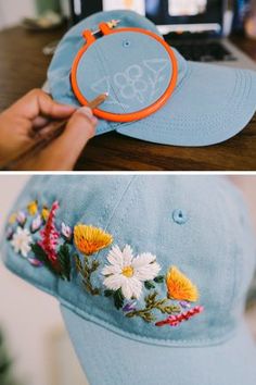 two pictures one showing a blue hat and the other shows an embroidered cap with flowers on it