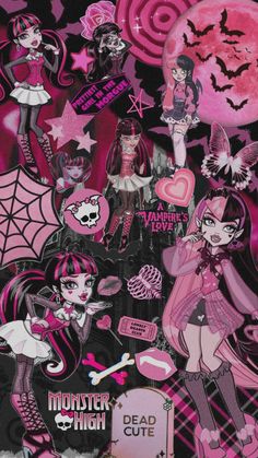 a collage of monster high characters with pink and black colors on the background,