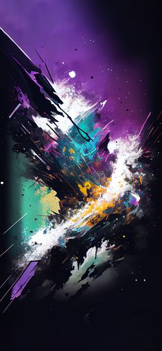 an abstract painting with purple, blue and yellow paint splattered on the surface