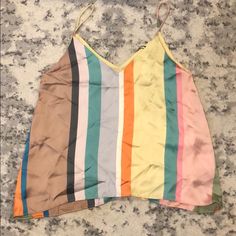 Women’s Size M Rainbow Silk Tank Brand New With Tags! Never Worn; Just Needs Some Steaming Multicolor V-neck Tank Top For Day Out, Striped V-neck Tank Top For Spring, Multicolor Cami Top For Vacation, Striped Summer Top For Brunch, V-neck Multicolor Tank Top For Day Out, Zara Multicolor Tops For Vacation, Zara Multicolor Tops For Day Out, Zara Striped V-neck Tops, Zara Multicolor Spring Tops