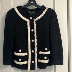 Barely Worn Beautiful Black With Cream Trim And Pearl Buttons. Elegant Embellished Black Cardigan, Elegant Black Sweater For Evening, Elegant Black Evening Sweater, Elegant Embellished Formal Cardigan, Cream Trim, Sweaters Black, Pearl Buttons, St John, Pearl Beads