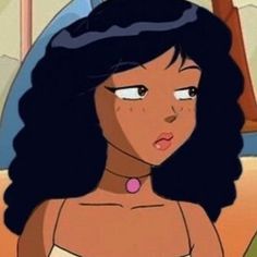 an animated image of a woman with long black hair wearing a white dress and pink necklace