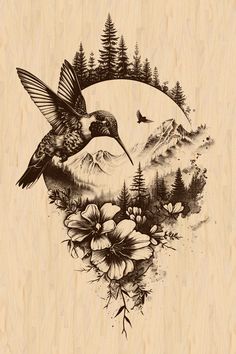 a drawing of a hummingbird in flight with mountains and flowers on it's side