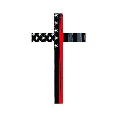 a cross painted in the colors of the american flag on a white background with black and red stripes