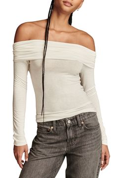 This easy top is shrugged off the shoulders for a laid-back vibe. Off-the-shoulder neck Long sleeves 63% polyester, 33% rayon, 4% elastane Machine wash, tumble dry Imported Versatile Off-shoulder Top For Fall, Cold Shoulder Tops For Day Out In Fall, Cold Shoulder Tops For Fall Day Out, Spring Off-shoulder Tops For Layering, Off-shoulder Tops For Spring Layering, Spring Layering Off-shoulder Tops, Casual Off-shoulder Long Sleeve Top For Summer, Stretch Off-shoulder Tops For Day Out, Summer Stretch Off-shoulder Long Sleeve Top