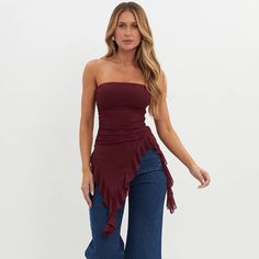 Strapless Mesh Asymmetrical Ruffle Cami Top - SHExFAB