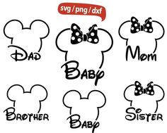 mickey and minnie mouse heads with the words dad, mom, brother, sister on them