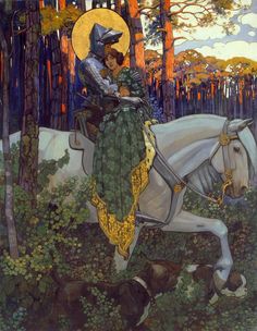 a painting of a man riding on the back of a white horse in a forest