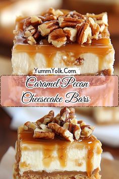 two pieces of caramel pecan cheesecake bars stacked on top of each other