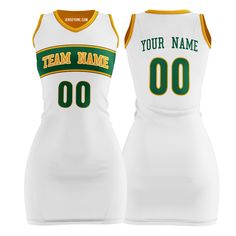 Shop custom white green and yellow basketball jersey dress for women and girls at Jersey One. The jersey dresses are made from durable, quick-dry, and breathable polyester fabric, they are perfect for daily, parties or outfitting your team. Embroidered Tracking Twill The team name, player name, and player number are embroidered, making the jersey durable, breathable, and stylish. Design Your Own You can also customize the design of our basketball jersey dress template. For example, you can chang Sporty White V-neck Dress, Sporty V-neck Sports Dress, Green Sleeveless Tennis Dress For Sports, Sleeveless Green Tennis Dress For Sports, Green Sleeveless Tennis Dress, White Sleeveless Team Name Tops, Sporty Sleeveless White Tennis Dress, Sporty Green Sleeveless Tennis Dress, Sporty V-neck Tennis Dress