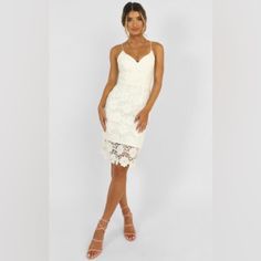 Ive Arrived Dress In White Lace Aus Size: 10 (M) Summer Lace Midi-length Bodycon Dress, Lace Midi-length Bodycon Summer Dress, Summer Lace Midi Bodycon Dress, Knee-length Lace Mini Dress For Day Out, Spring Wedding Bodycon Dress, Elegant Sleeveless Lace Dress For Day Out, Lace Sheath Mini Dress For Brunch, Brunch Mini Dress With Lace Trim, Summer Sheath Mini Dress With Lace Trim