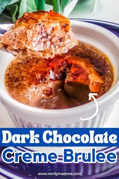 chocolate creme brulee in a white bowl on a blue and white plate