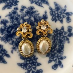 Gorgeous Christian Dior Vintage Clip On Earrings With Gel Pads For Comfort. 18k Gold Electroplated With Custom Pearls And Sparkling 8 Swarovski Pave Crystals. Authentic Christian Dior Custom Pearls Are Double Dipped In Nacre. These Are Absolutely Fabulous With Amazing Details And Craftsmanship. Vintage Clip On Earrings, Dior Vintage, Dior Jewelry, Absolutely Fabulous, Vintage Clip, Clip On, Clip On Earrings, Christian Dior, 18k Gold