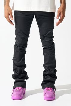 SERENEDE® "CAVIAR" wax stacked jeans feature a fitted silhouette with a stacked finish. DETAILED FEATURES: Stretchability: LOW (SIZE UP ONE SIZE) Black denim with a wax coating Stacked ankle finish Signature "leather" waistband label SERENEDE® branded hardware Five-pocket styling Zipper fly 5.5" W Ankle opening Designed in California Imported Material: 98% Cotton | 2% Spandex FIT INFO: Signature SKINNY fit [ SIZE UP ONE SIZE ] Inseam sizes 28" - 34" = 32"L sizes 36" - 44" = 34"L Model is 5'4" / Slim Fit Straight Leg Bottoms For Streetwear, Slim Fit Straight Leg Streetwear Pants, Slim Fit Straight Leg Pants For Streetwear, Urban Slim Fit Pants For Streetwear, Stretch Jeans With Five Pockets For Streetwear, Stretch Streetwear Pants With Five Pockets, Slim Fit Jeans For Streetwear, Stretch Pants With Five Pockets For Streetwear, Fitted Straight Leg Bottoms For Streetwear