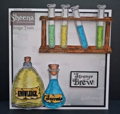 a card with some bottles and beakers on it