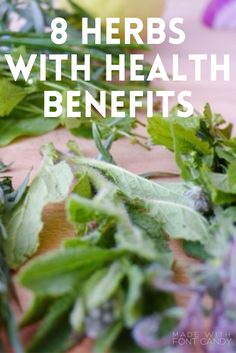 herbs on a cutting board with text overlay that reads 8 herbs with health benefits