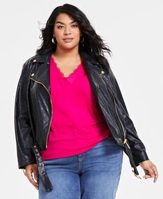 in stock Plus Size Leather Jacket, Plus Size Leather, Rolled Cuff Jeans, Faux Leather Moto Jacket, Leather Moto, Leather Moto Jacket, Deep Black, Moto Jacket, V Neck Tops