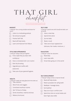 try this aesthetic that girl checklist to become the best version of yourself!! / self improvement, that girl aesthetic, self development, that girl routine, personal growth, that girl wallpaper, how to become that girl, best self, highest sef, self care, selfcare, personal development, goals inspiration, mindset quotes, health, education, self love, affirmations, glow up, glow up checklist, glow up tips Healthy Activities For Adults, Healthy Things To Do Everyday, Pamper Routine, Bedroom Nook, Ideal Life, Writing Therapy