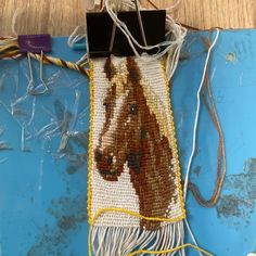 a brown and white horse hooked up to a cord on a blue surface with other cords