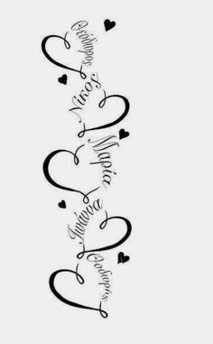 the word love is written in cursive writing on a white background with hearts