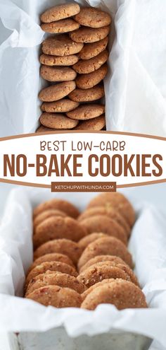 the best low carb no - bake cookies are in a white container and stacked on top of each other